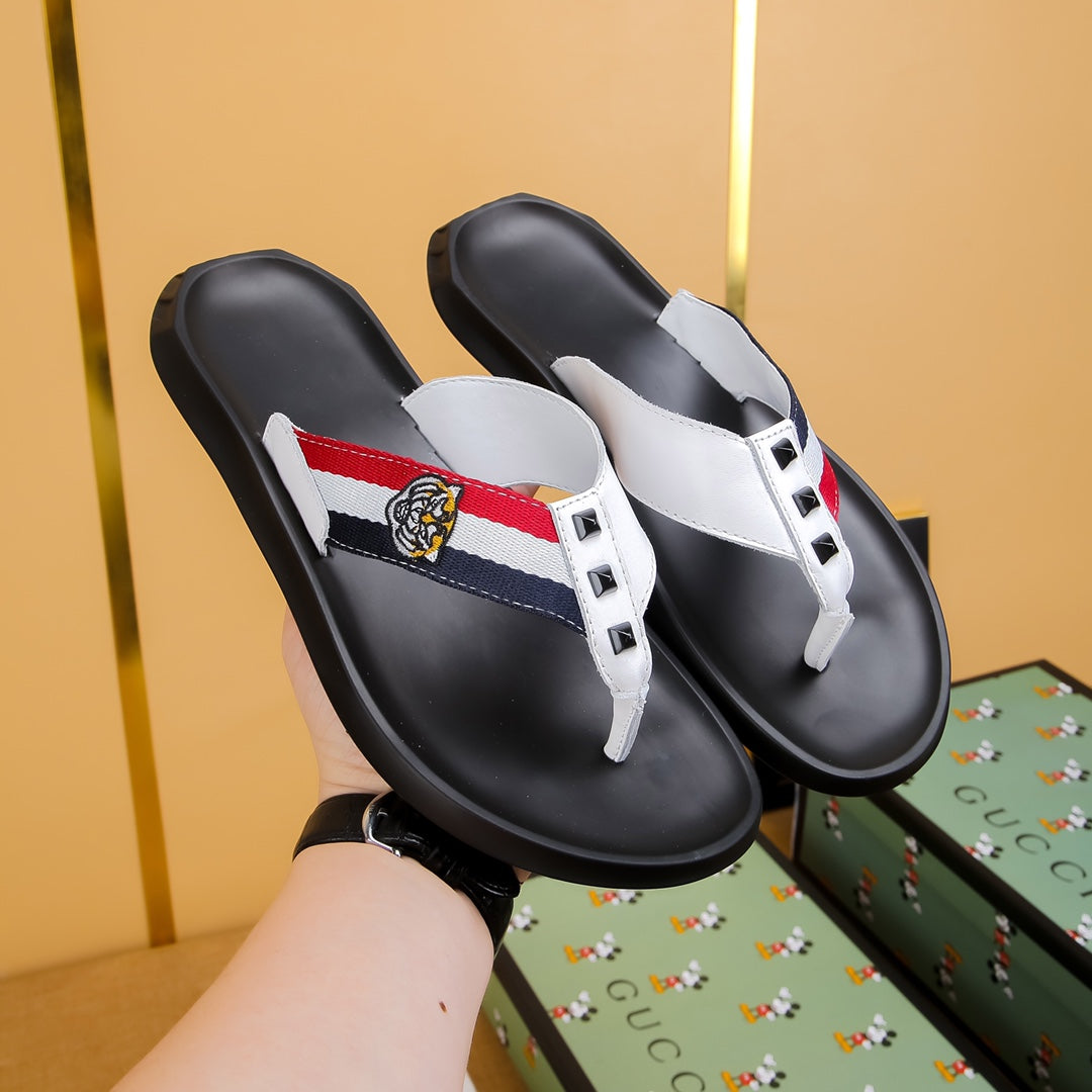 GG Men's Thong Sandals White Cowhide 587227