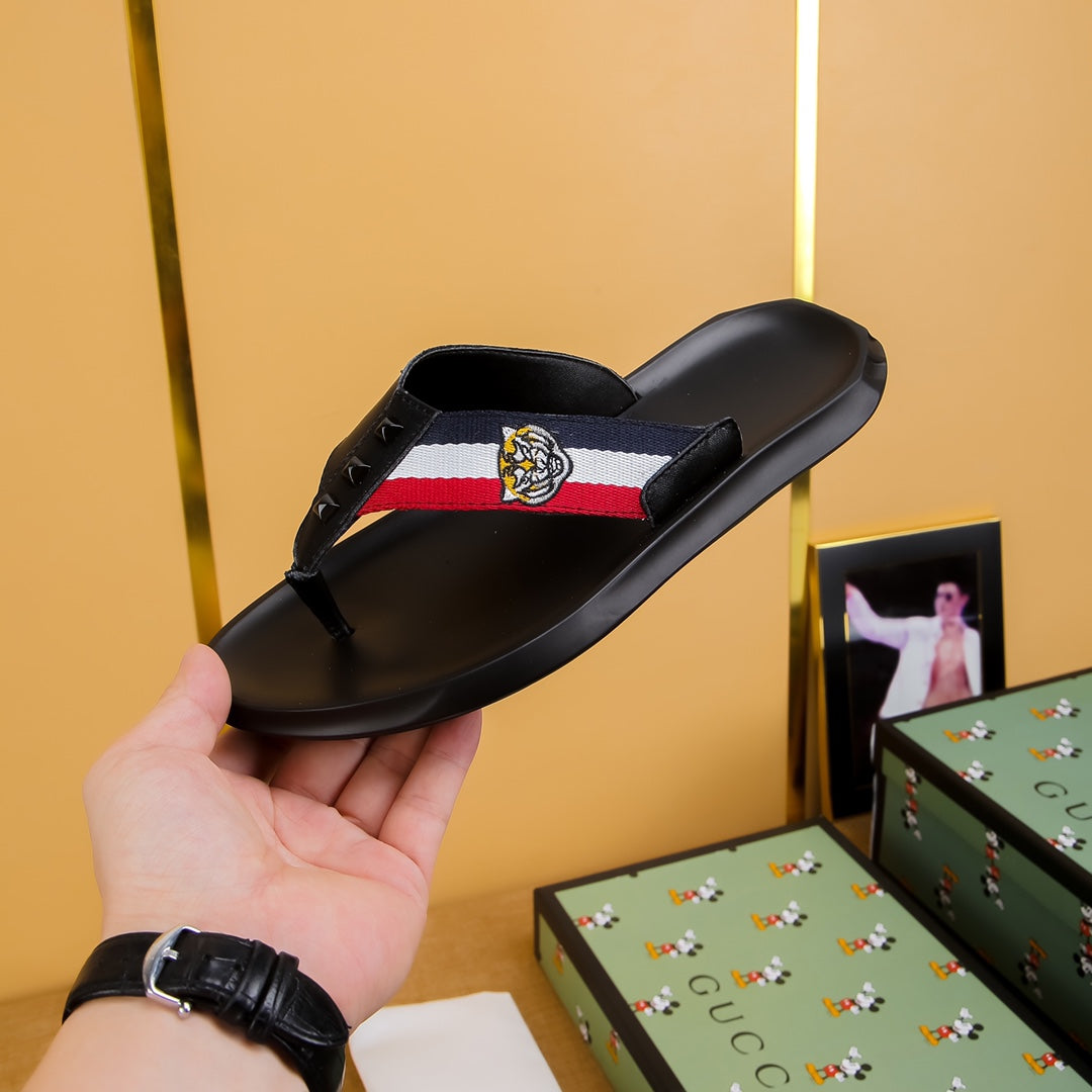 GG Men's Thong Sandals Black Cowhide 587228