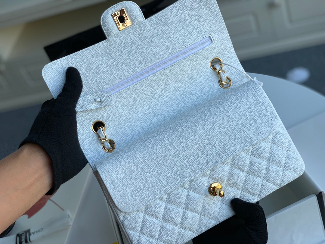 flap bag medium 25 white caviar ghw