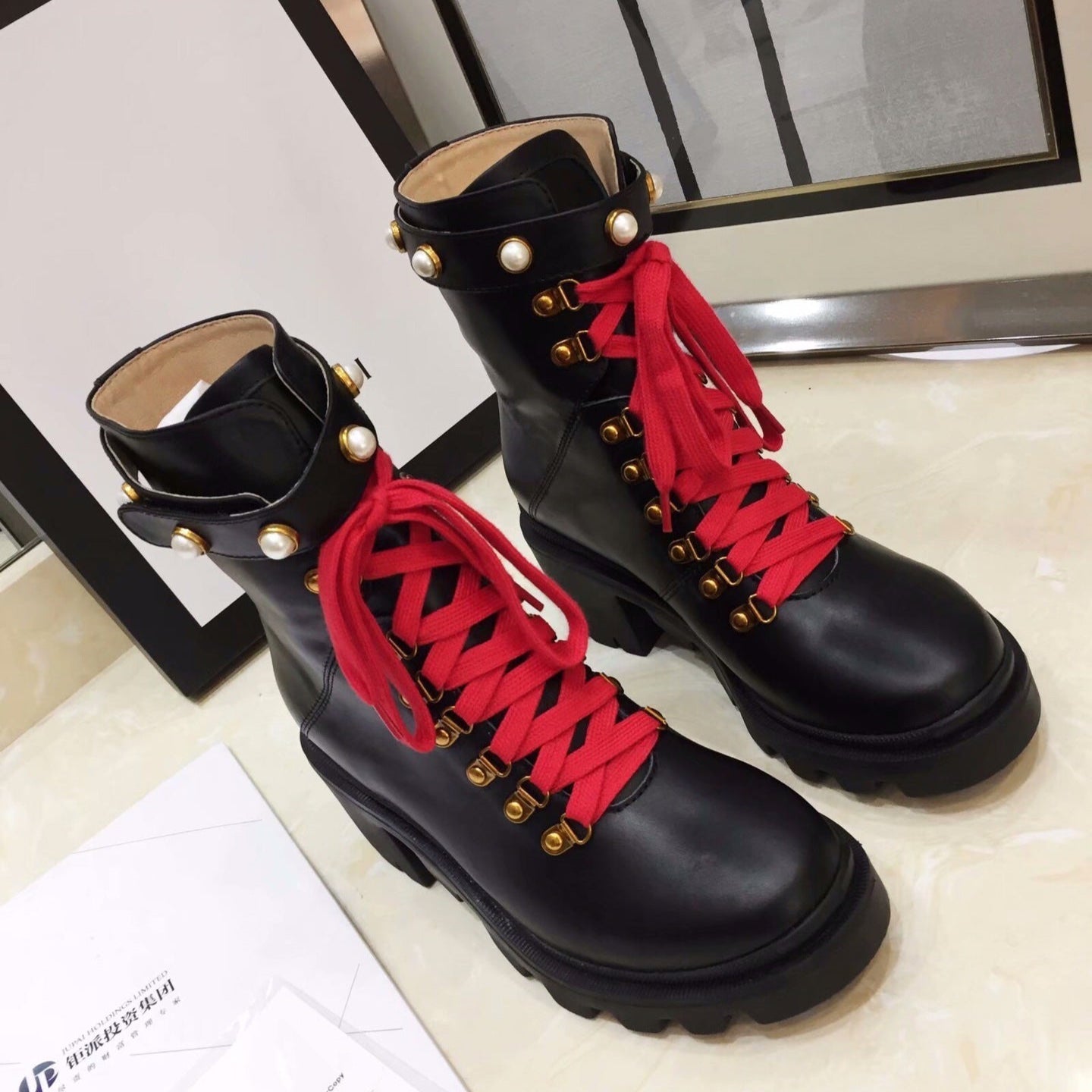 GG Ankle Heel Boots Pearl Black Calfskin