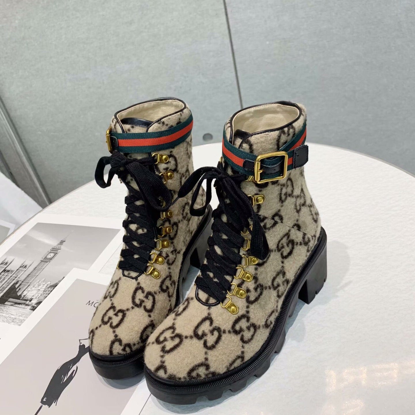 GG Ankle Heel Boots Beige Black Velvet