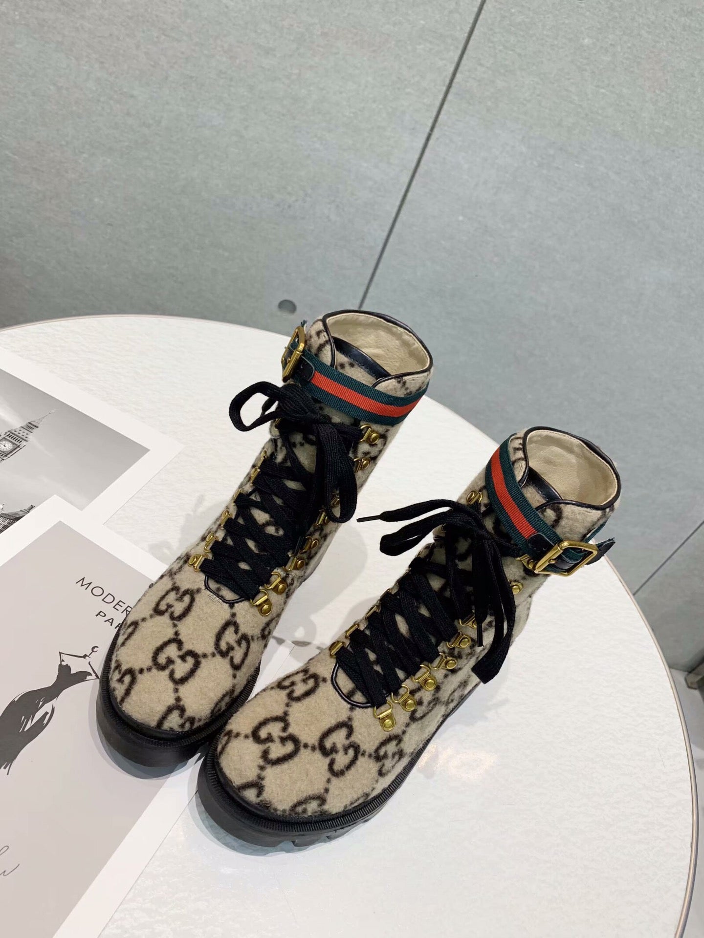 GG Ankle Heel Boots Beige Black Velvet