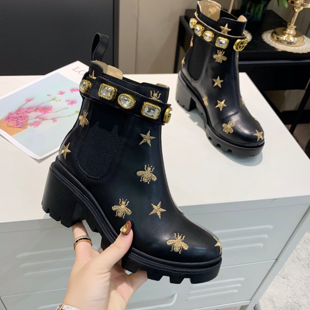 GG ankle boots star and bee black sheepskin with belt clearance