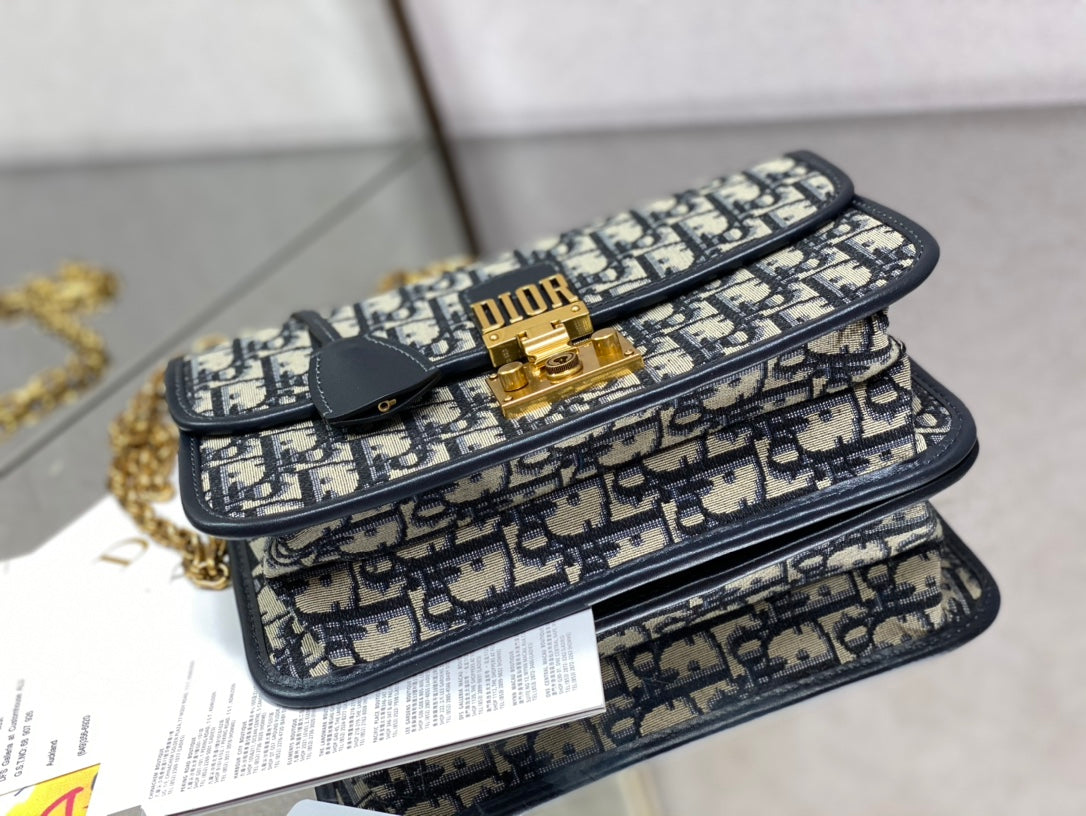 CD embroidered chain bag 24 dark blue leather cotton