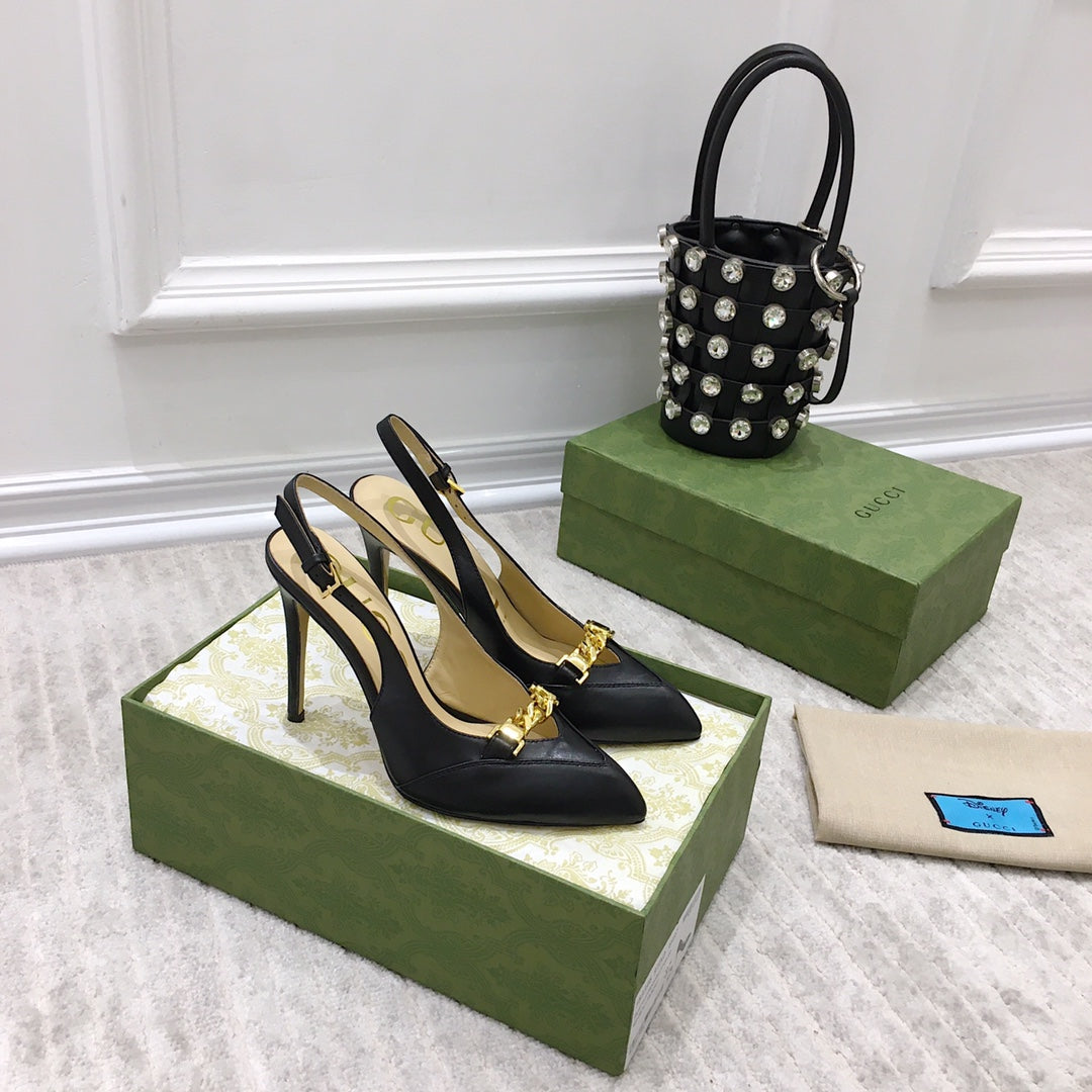 GG HIGH HEEL SLINGBACK BLACK CALFSKIN WITH CHAIN
