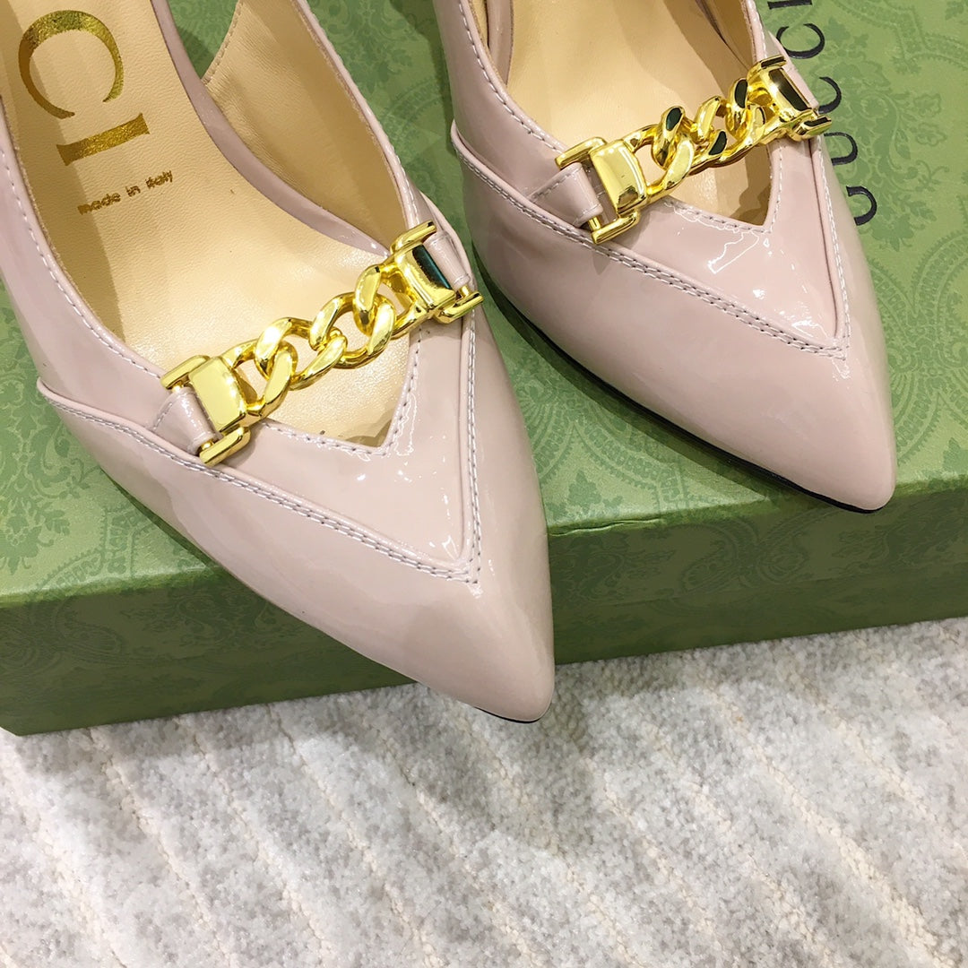 GG HIGH HEEL SLINGBACK BEIGE CREAM CALFSKIN WITH CHAIN