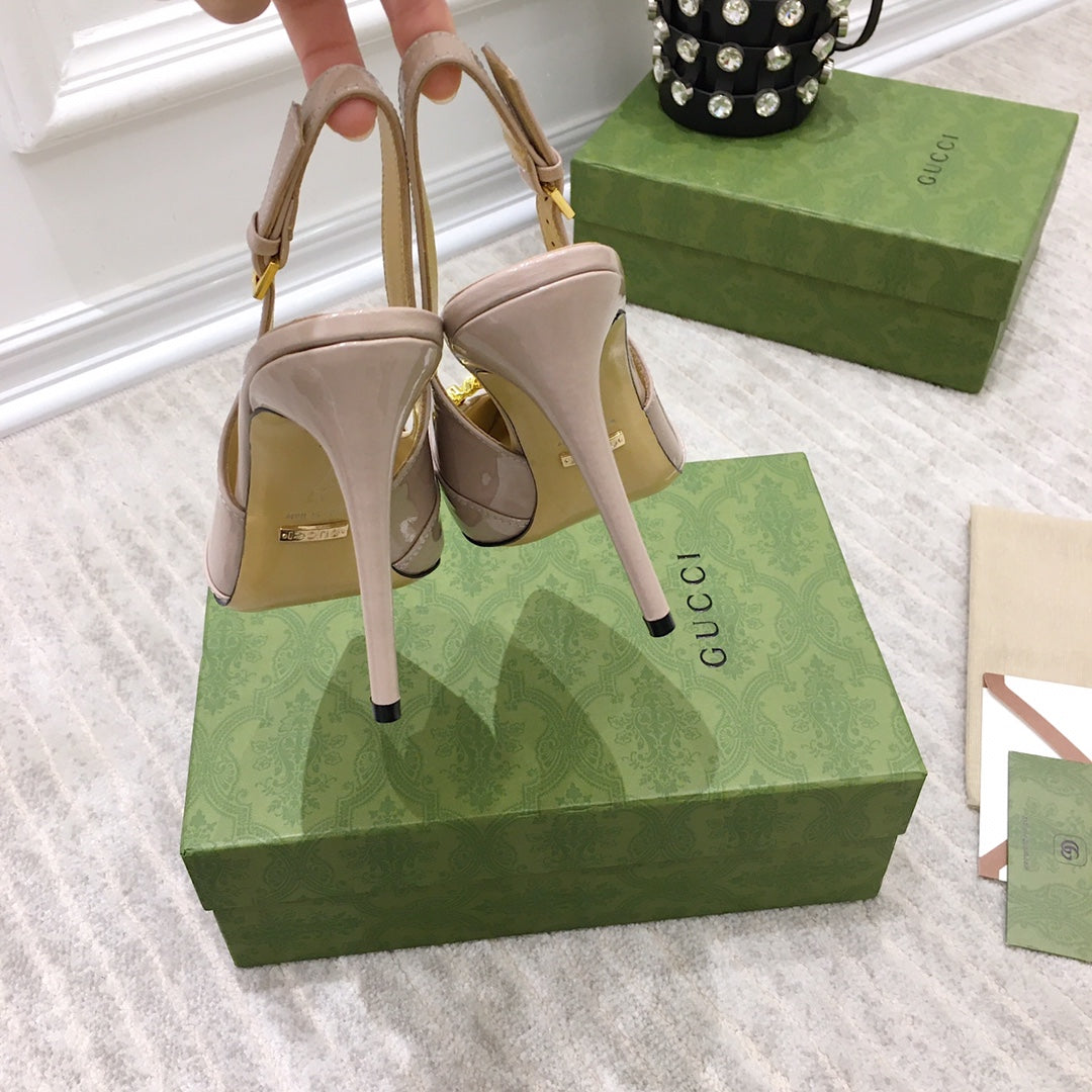 GG HIGH HEEL SLINGBACK BEIGE CREAM CALFSKIN WITH CHAIN