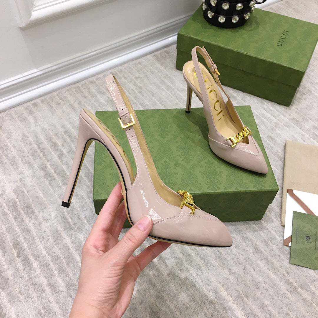 GG HIGH HEEL SLINGBACK BEIGE CREAM CALFSKIN WITH CHAIN