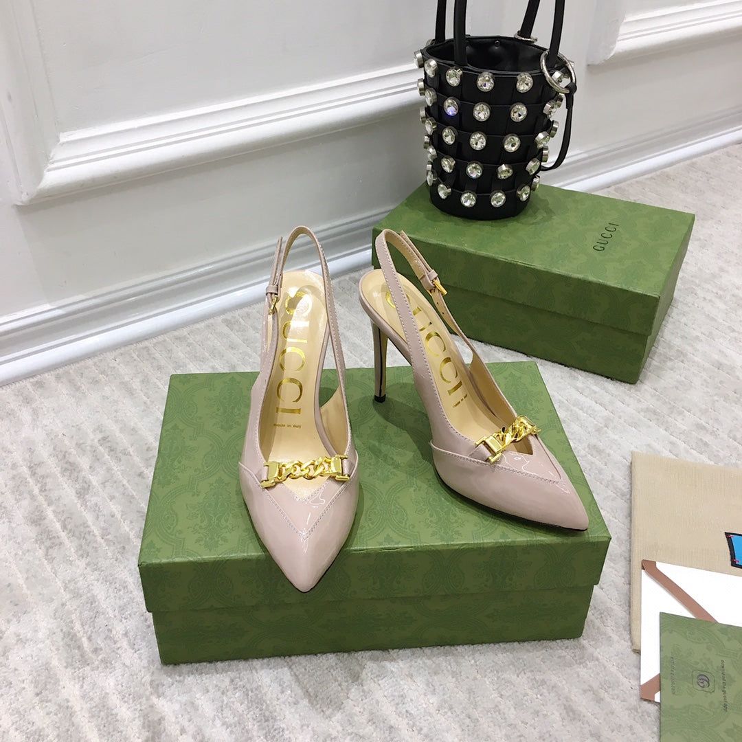 GG HIGH HEEL SLINGBACK BEIGE CREAM CALFSKIN WITH CHAIN