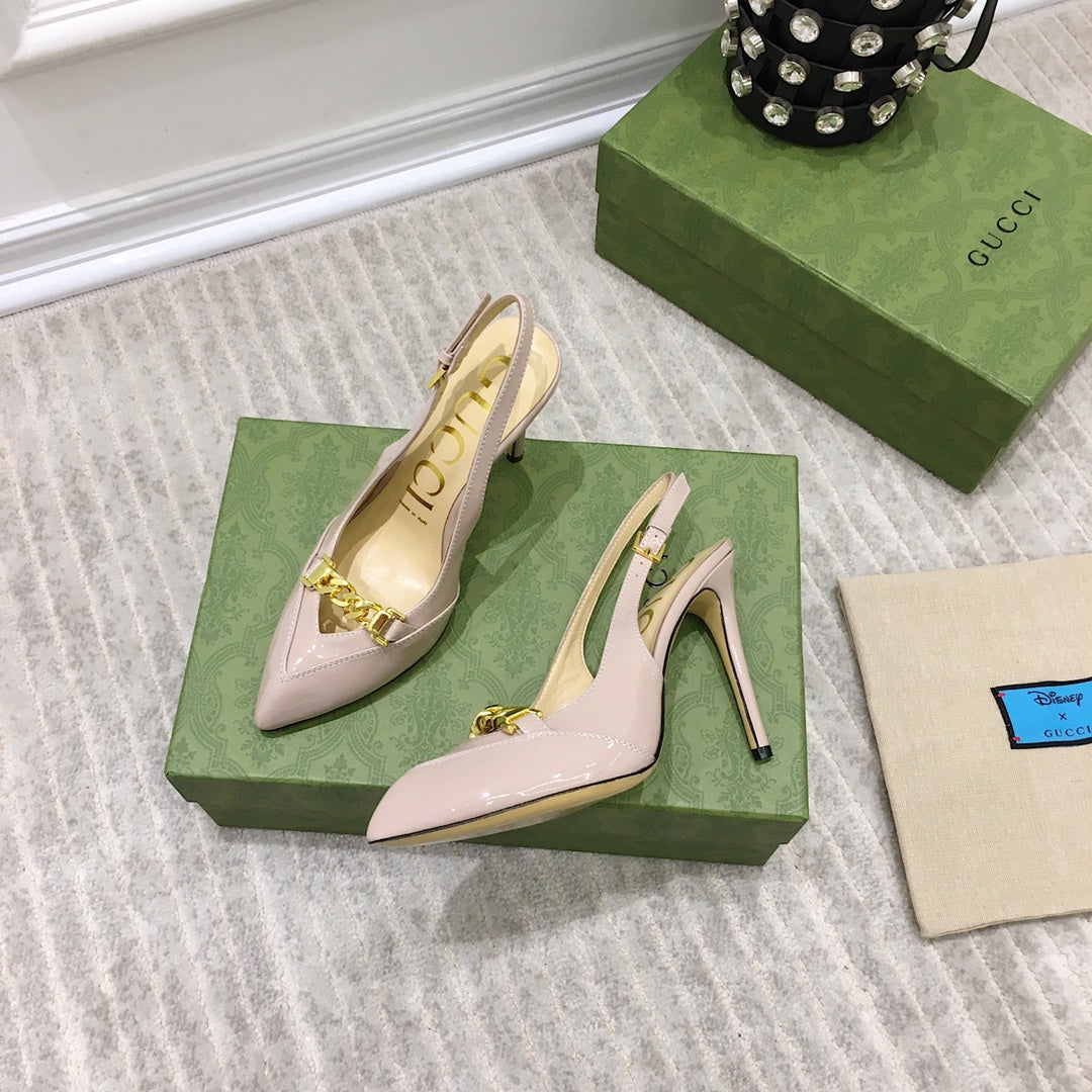 GG HIGH HEEL SLINGBACK BEIGE CREAM CALFSKIN WITH CHAIN
