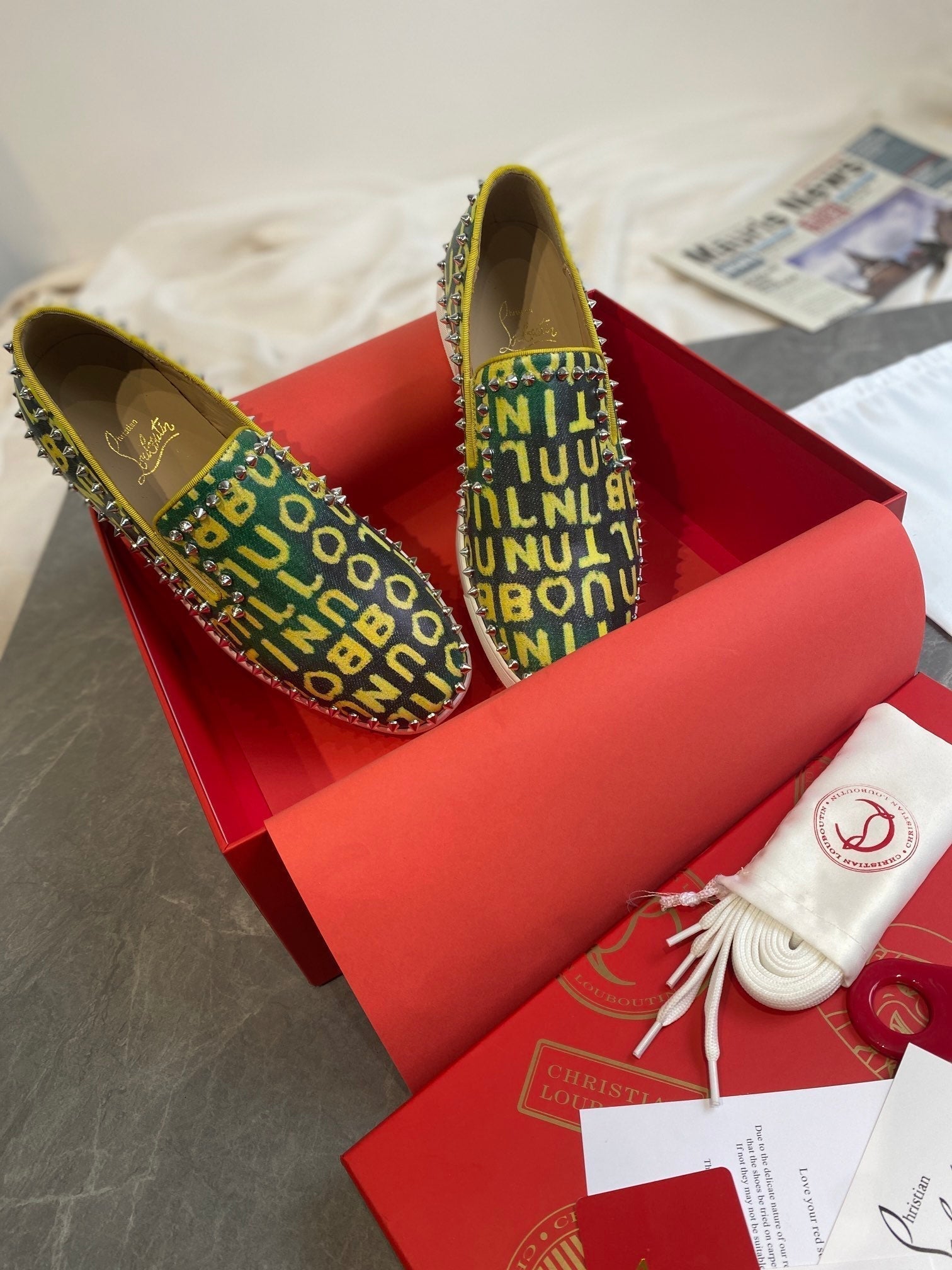CL Loafers Monogram Yellow Green Leather and Spikes 242380