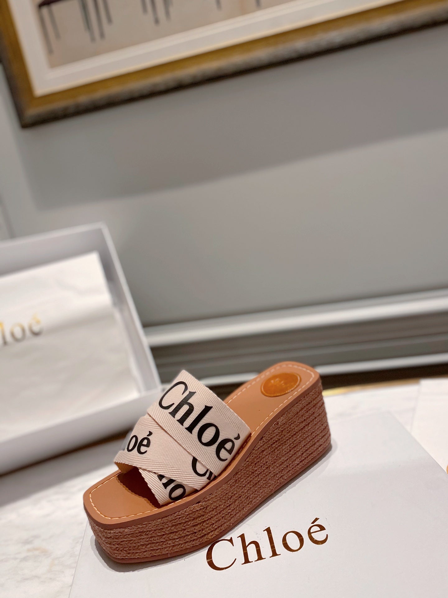 CHLOE WOODY WEDGE IN BEIGE DENIM WITH BLACK LOGO