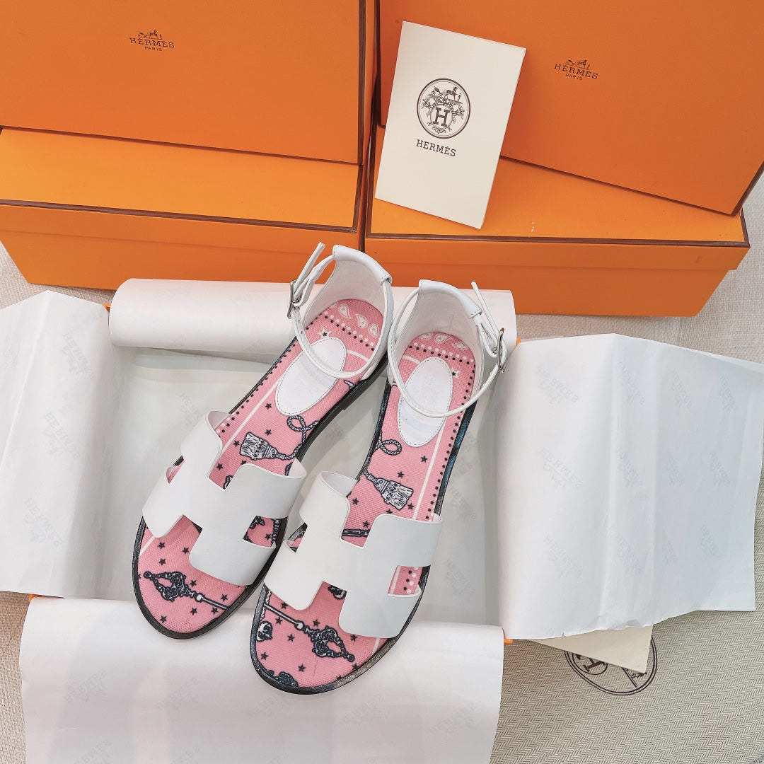 HM Flat Sandals White Pink Cowhide 348049