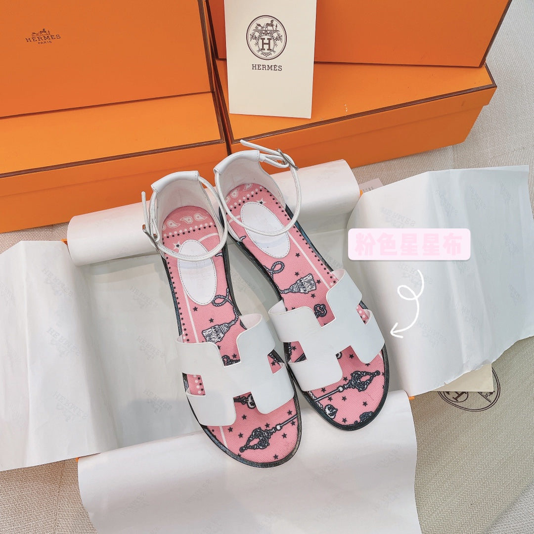 HM Flat Sandals White Pink Cowhide 348049