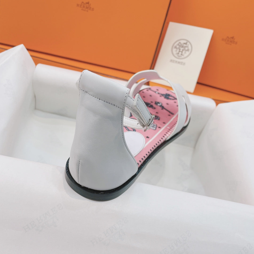 HM Flat Sandals White Pink Cowhide 348049