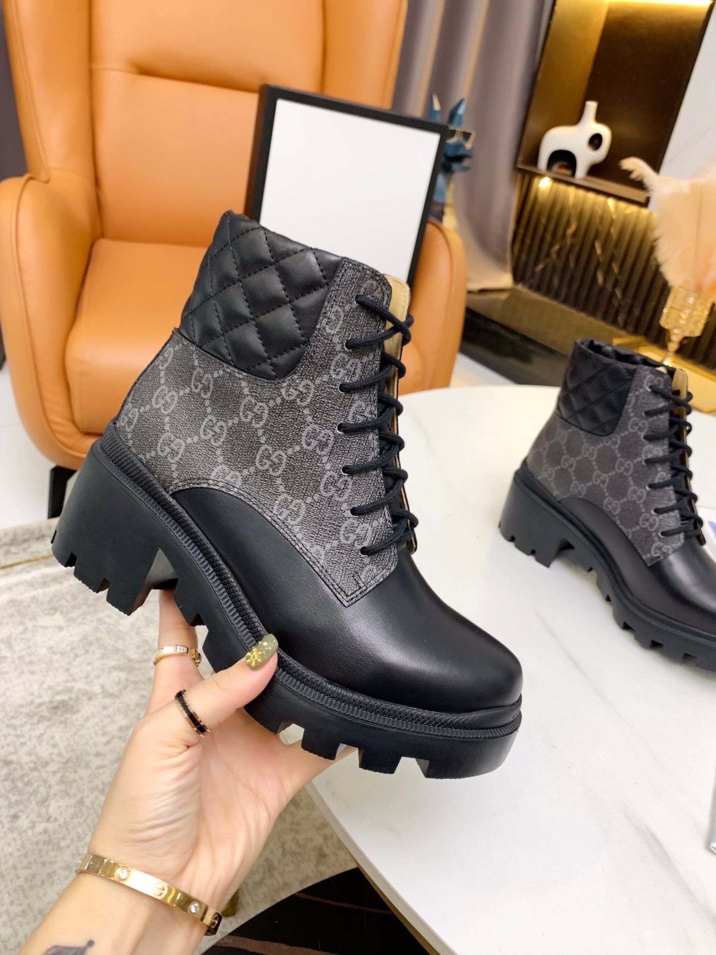 GG ankle boots black gray canvas mix leather