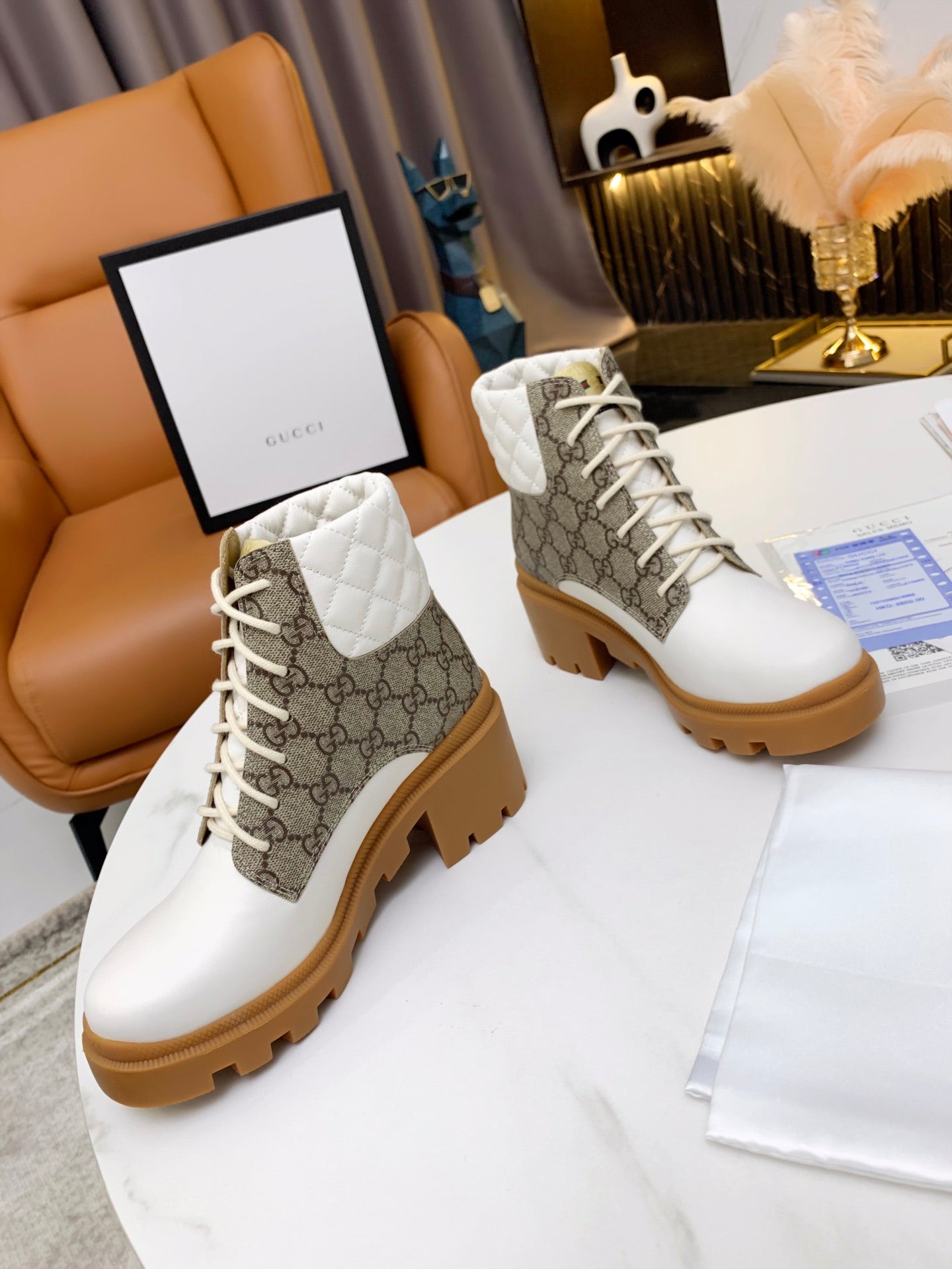 GG ankle boots white brown monogram canvas leather