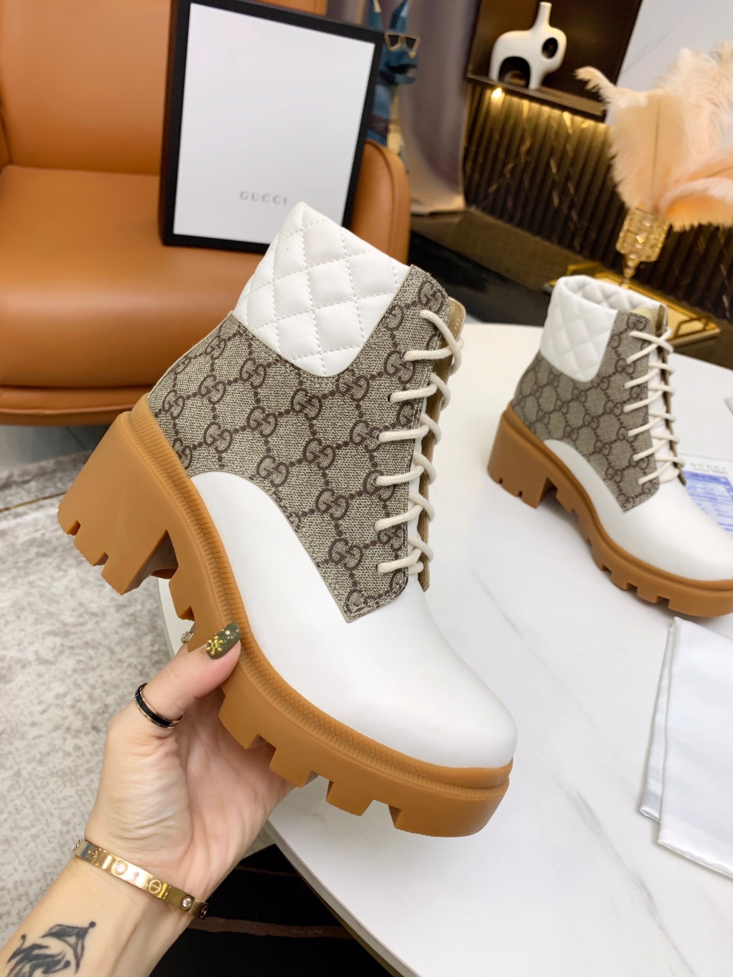 GG ankle boots white brown monogram canvas leather