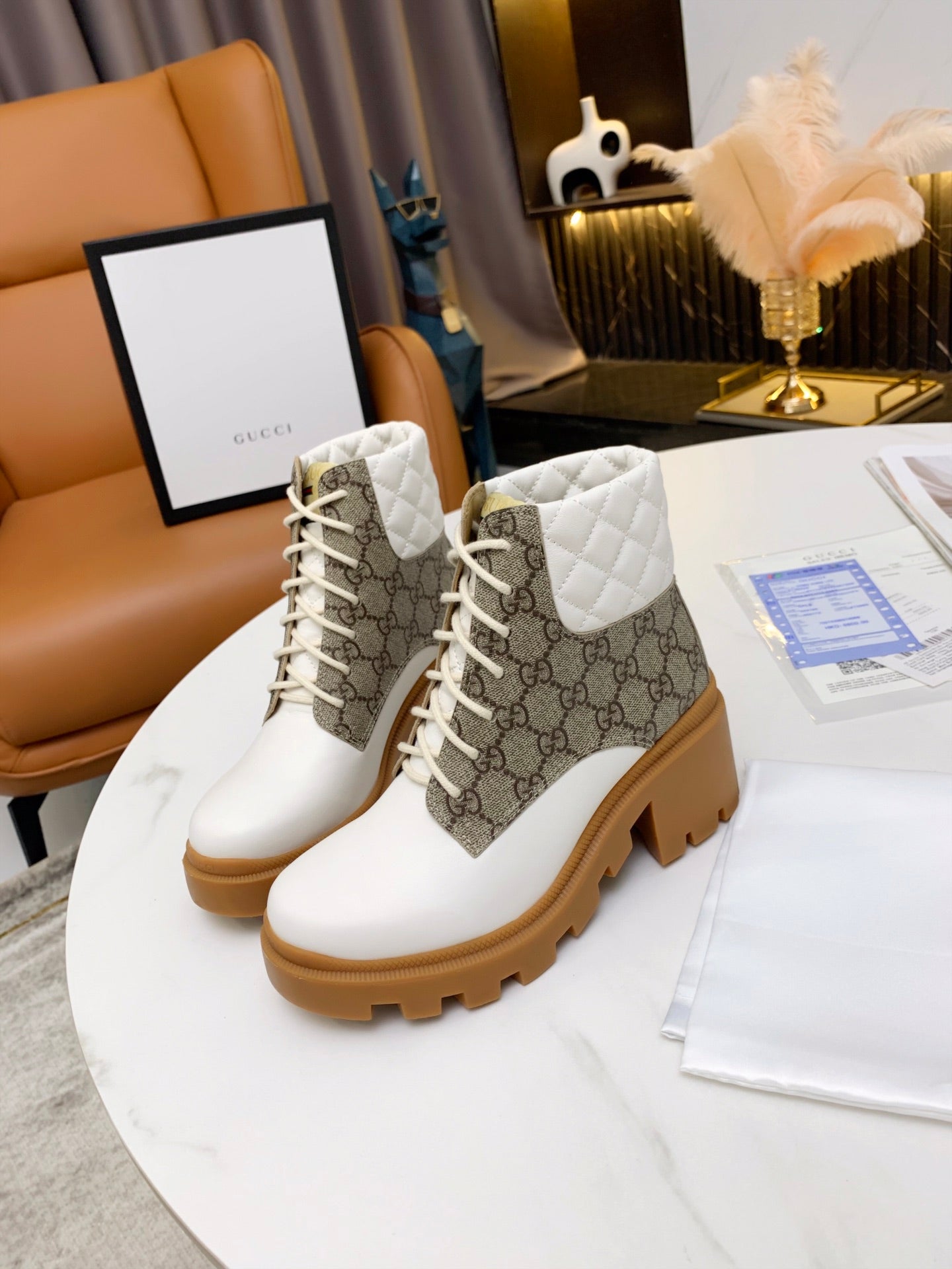 GG ankle boots white brown monogram canvas leather