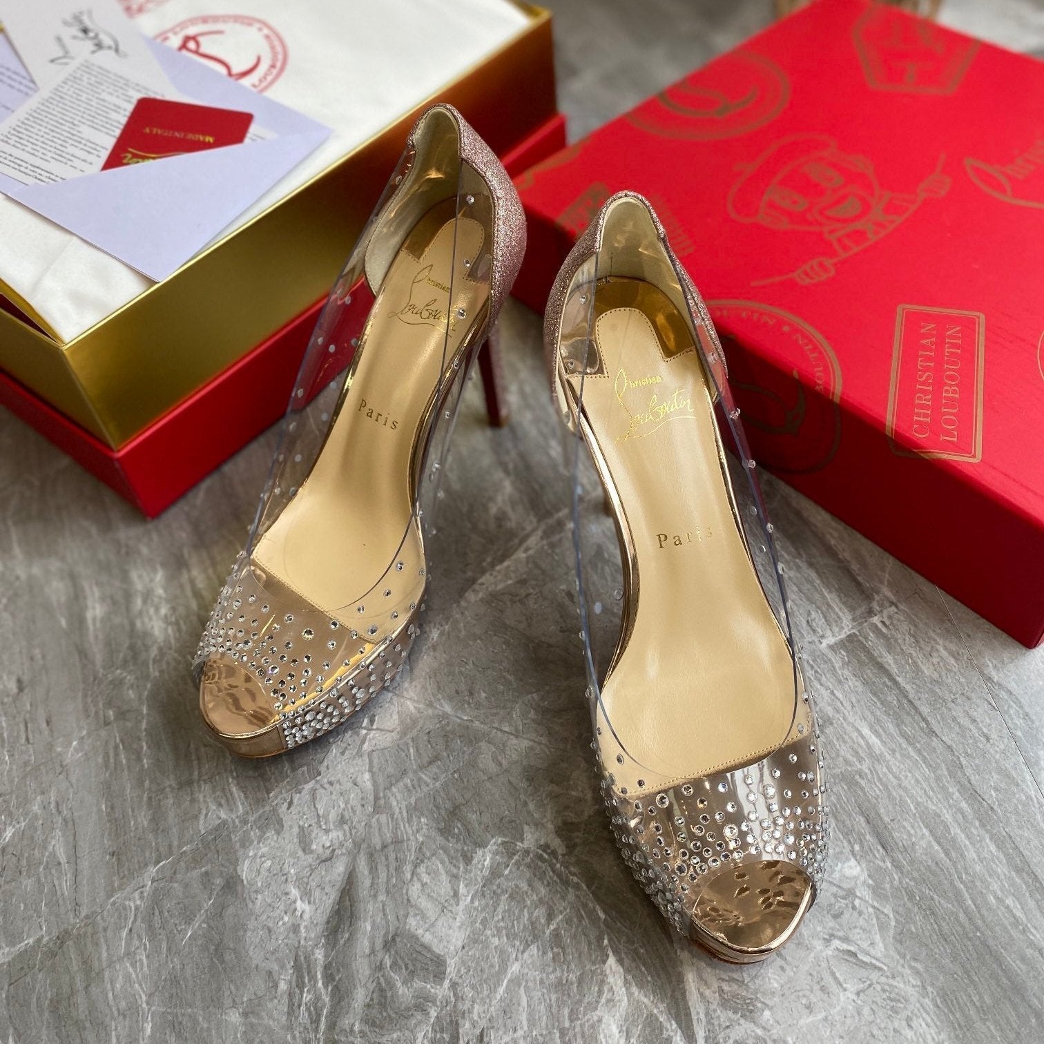 CL Very Strass Peep Toe Pumps 100mm PVC and Glitter Gold