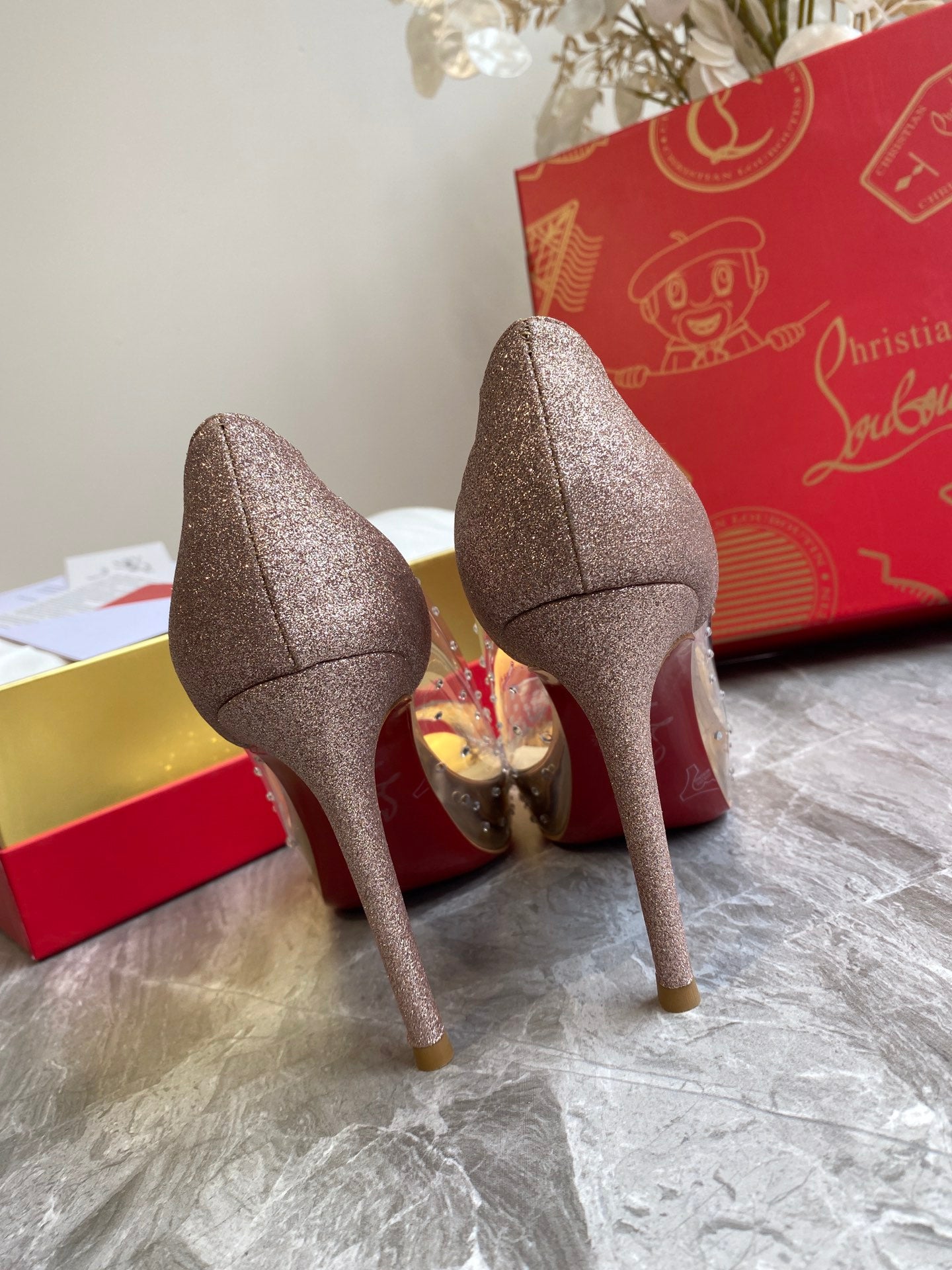 CL Very Strass Peep Toe Pumps 100mm PVC and Glitter Gold