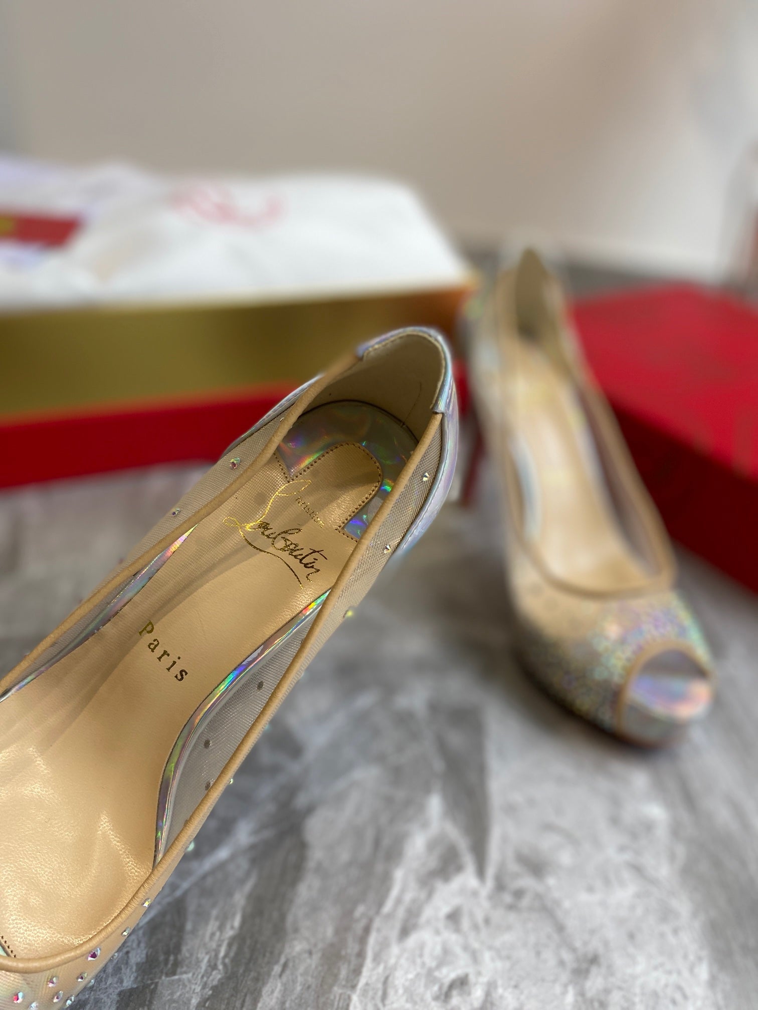 CL Very Strass Peep Toe Pumps 100mm Mesh and Leather Silver