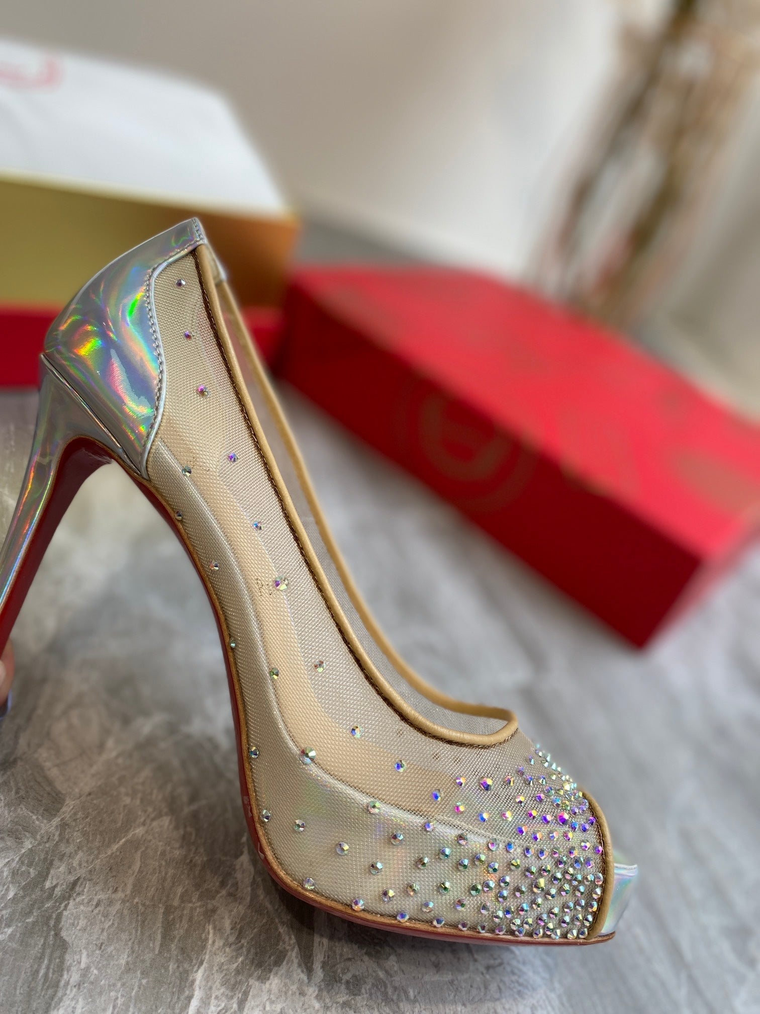 CL Very Strass Peep Toe Pumps 100mm Mesh and Leather Silver