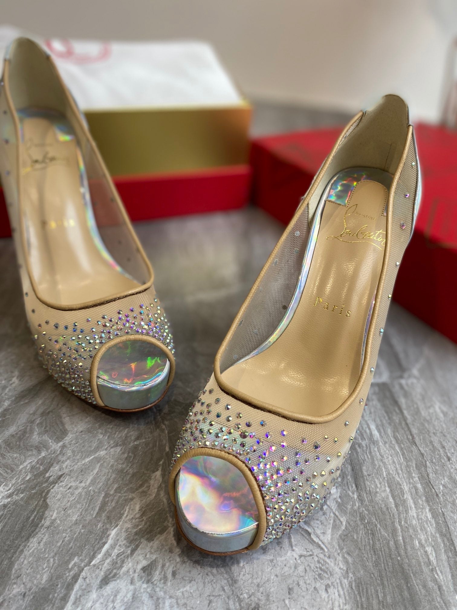 CL Very Strass Peep Toe Pumps 100mm Mesh and Leather Silver