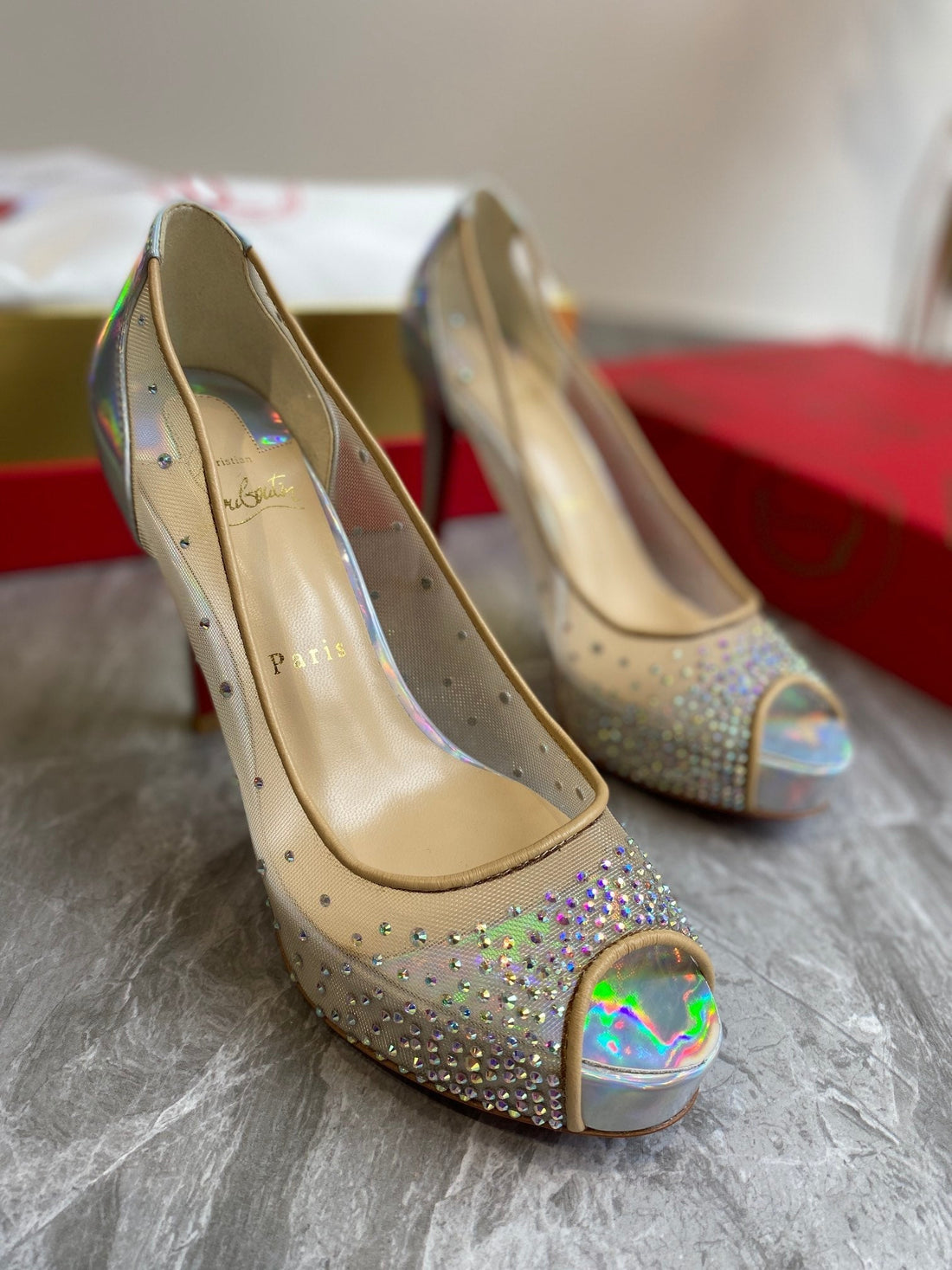 CL Very Strass Peep Toe Pumps 100mm Mesh and Leather Silver