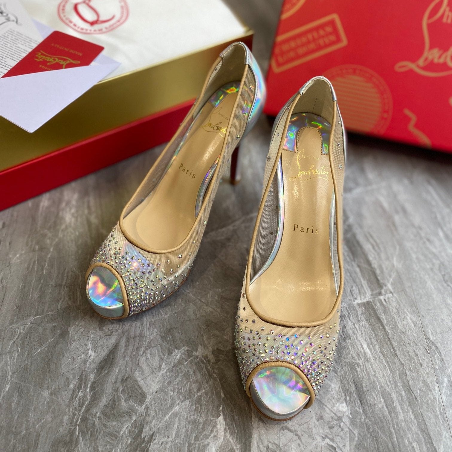 CL Very Strass Peep Toe Pumps 100mm Mesh and Leather Silver