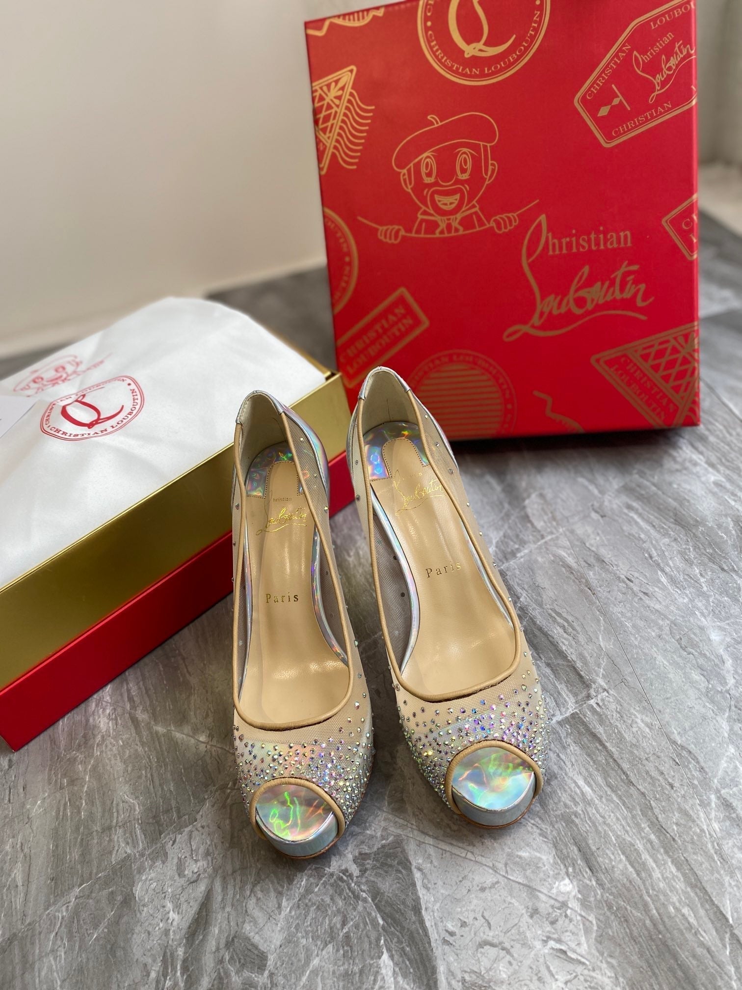 CL Very Strass Peep Toe Pumps 100mm Mesh and Leather Silver
