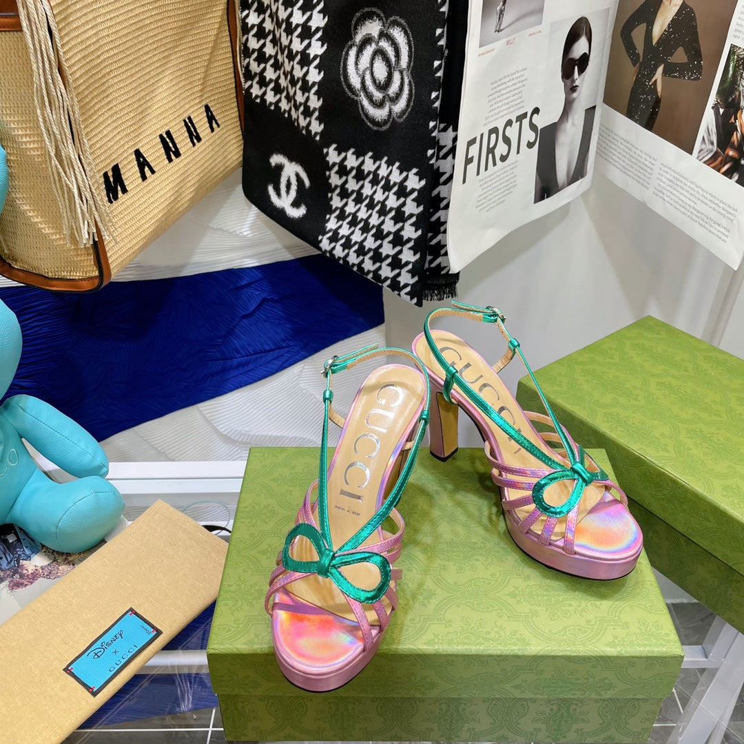GG HIGH HEEL SANDAL HOT PINK AND JADE GREEN LAMBSKIN