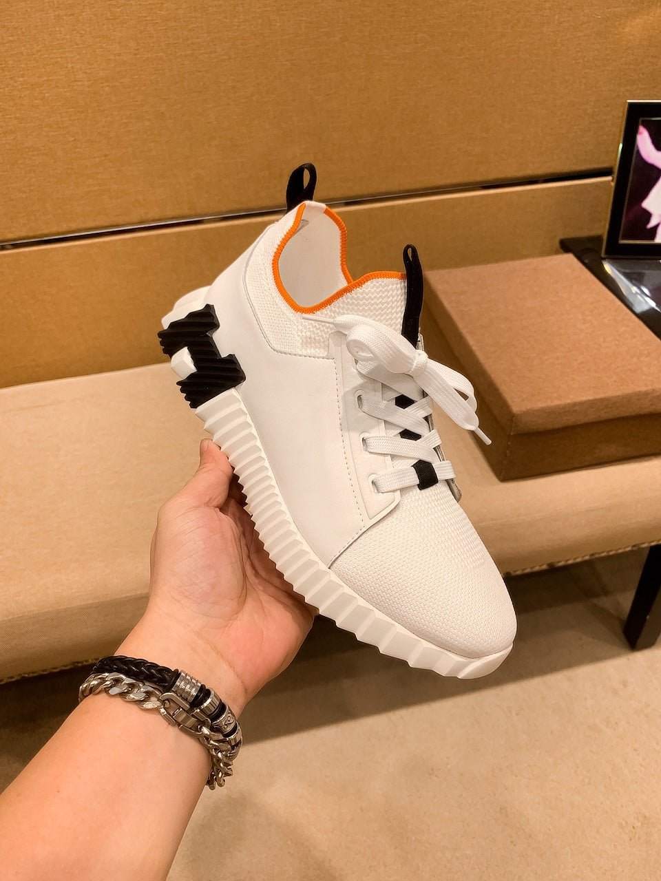 HM Men's Depart Slip-on Sneaker White Knit Cowhide 263690