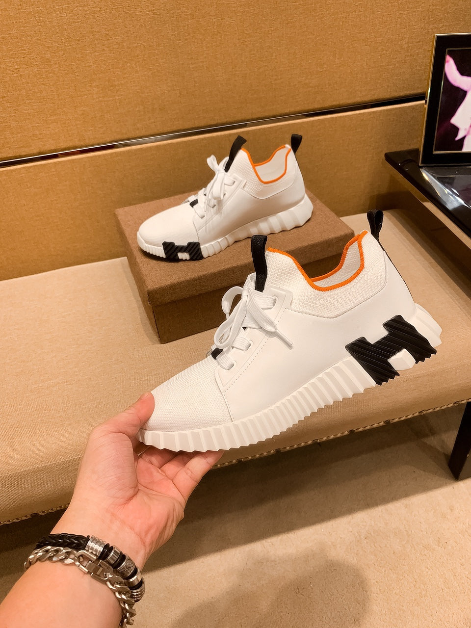 HM Men's Depart Slip-on Sneaker White Knit Cowhide 263690