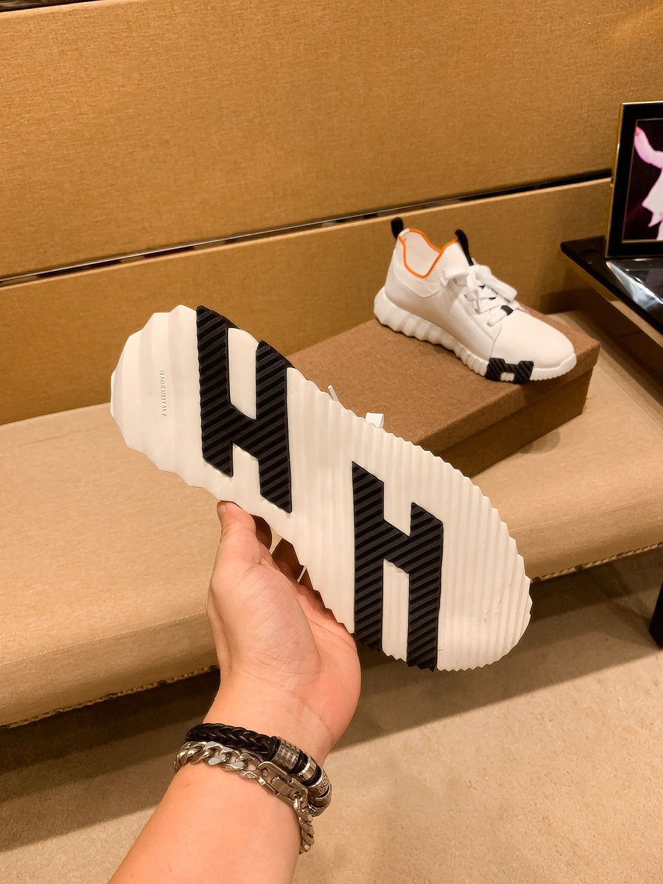 HM Men's Depart Slip-on Sneaker White Knit Cowhide 263690