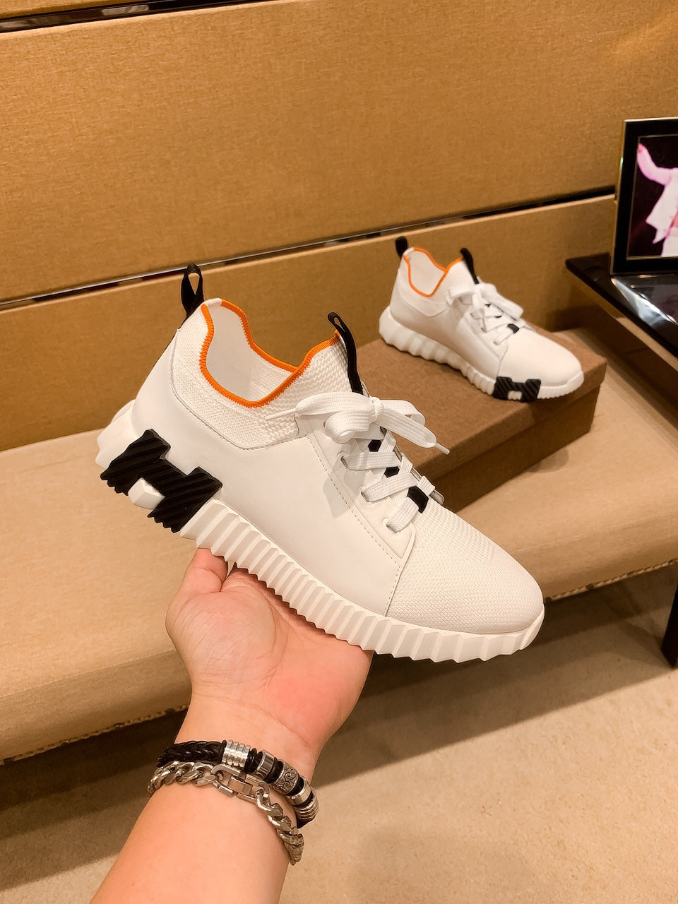 HM Men's Depart Slip-on Sneaker White Knit Cowhide 263690