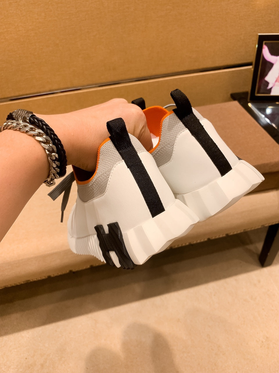 HM Men's Depart Slip-on Sneaker White Grey Knit Cowhide 263685