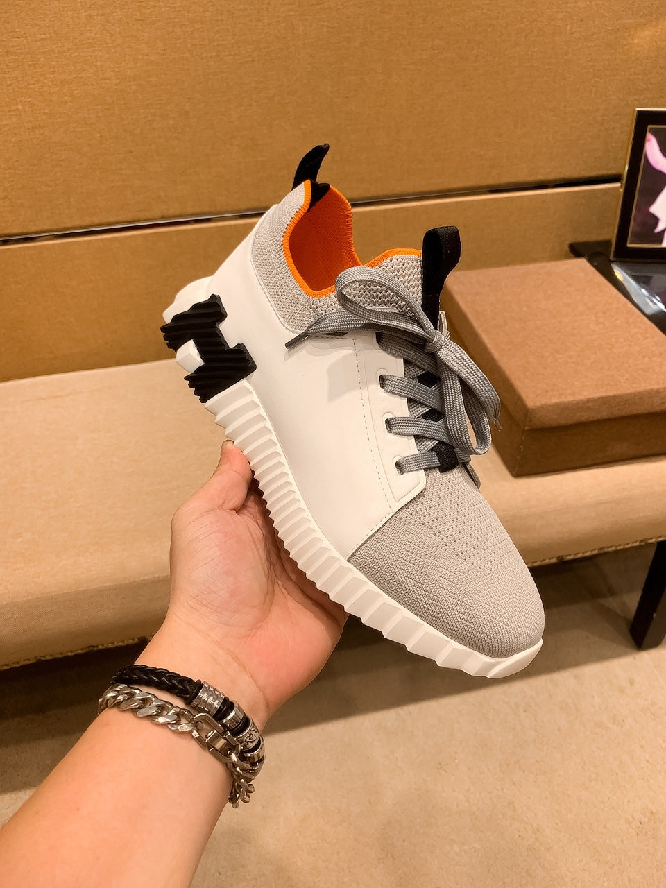 HM Men's Depart Slip-on Sneaker White Grey Knit Cowhide 263685