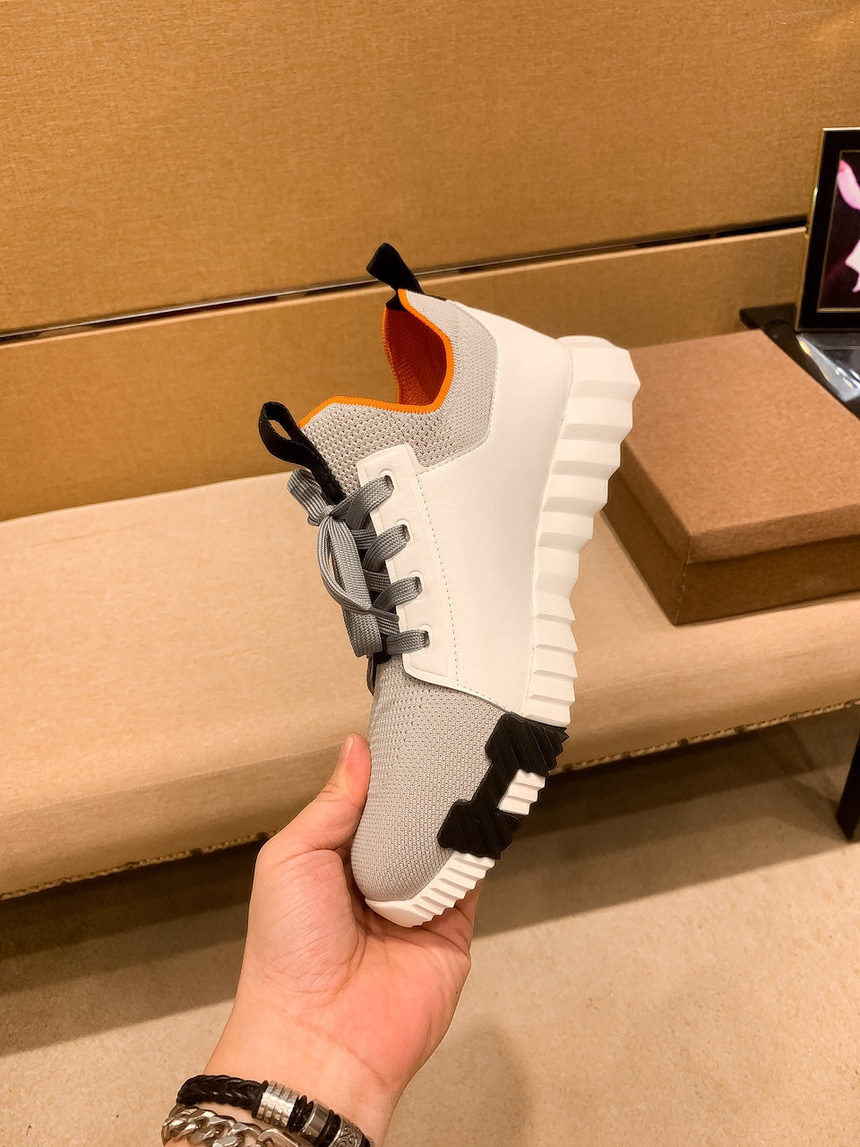 HM Men's Depart Slip-on Sneaker White Grey Knit Cowhide 263685