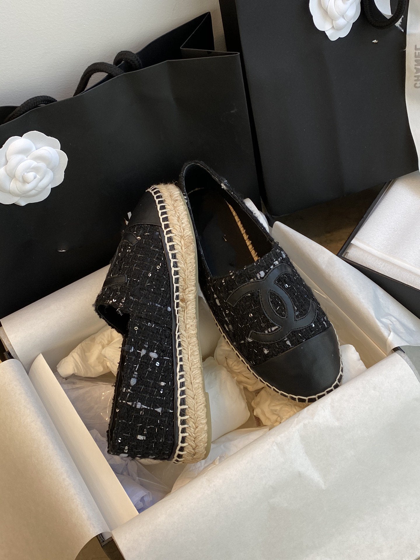 espadriles black white tweed black lambskin