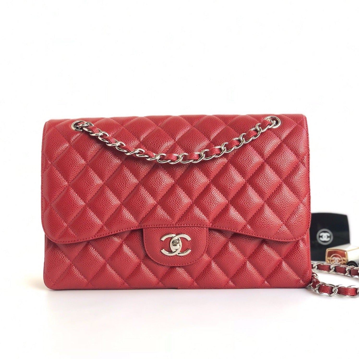 FLAP BAG JUMBO 30CM RED CAVIAR SILVER HARDWARE