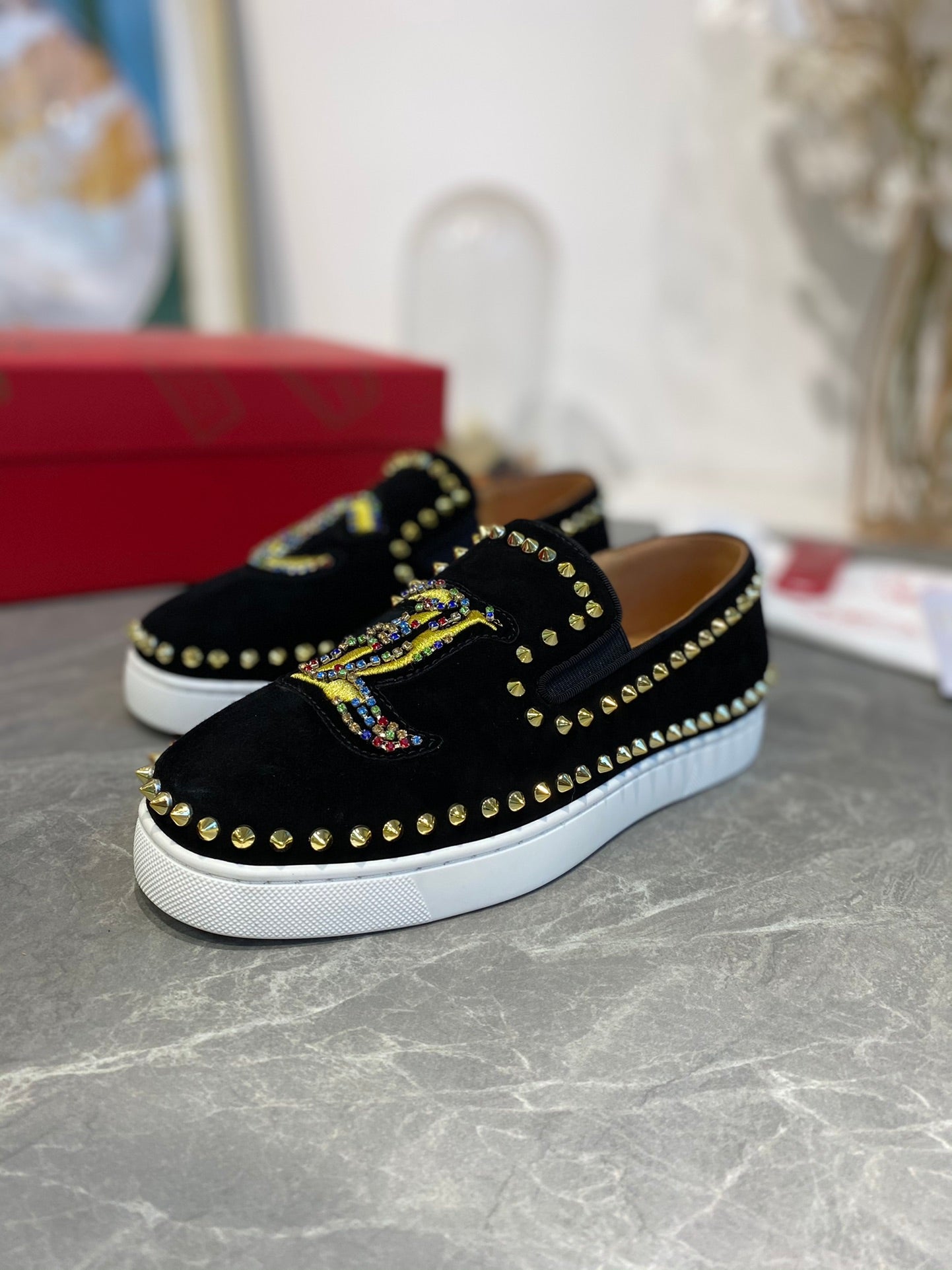 CL Loafers with Logo Black Velvet and Spikes 242384