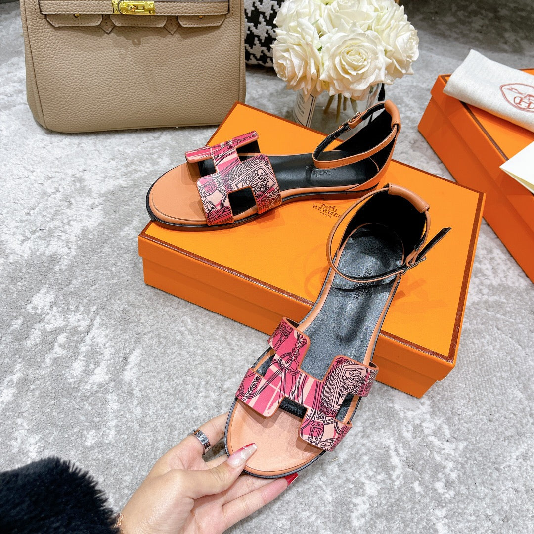 SANTORINI SANDAL BLACK MIX LIGHT PINK CALFSKIN WITH PATTERN