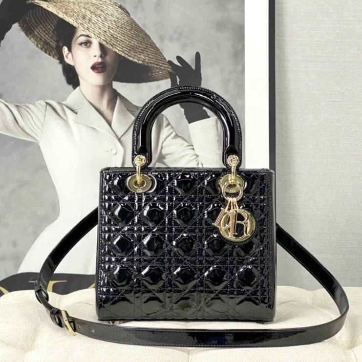 medium lady 24 black patent calfskin