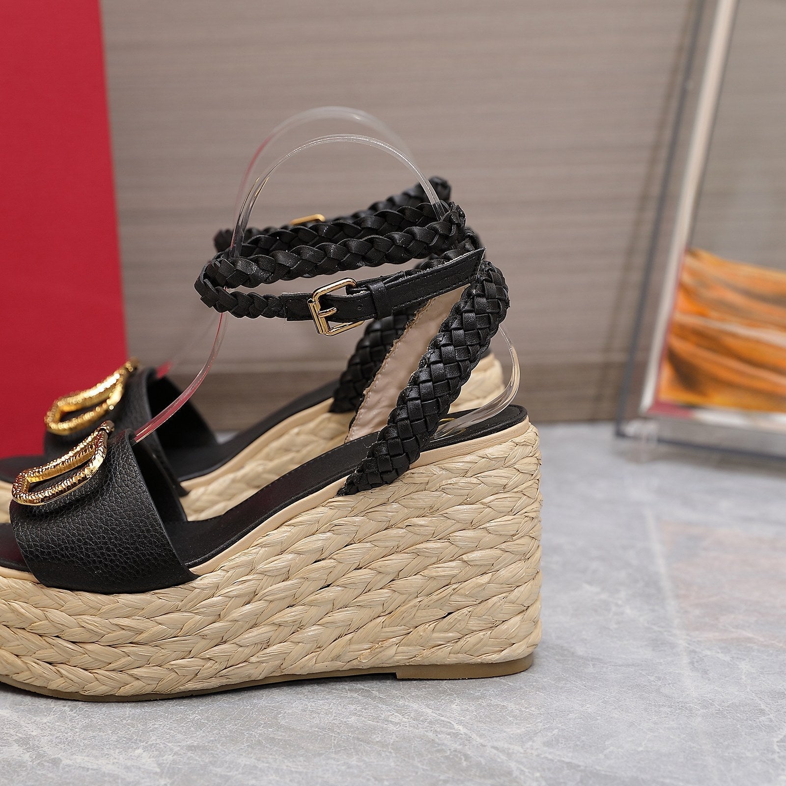 VT Wedge Platform Sandals Black Cowhide Espadrilles 363030