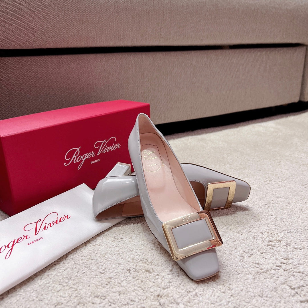 Belle Viv Buckle Square Pumps Grey Italian Imported Leather