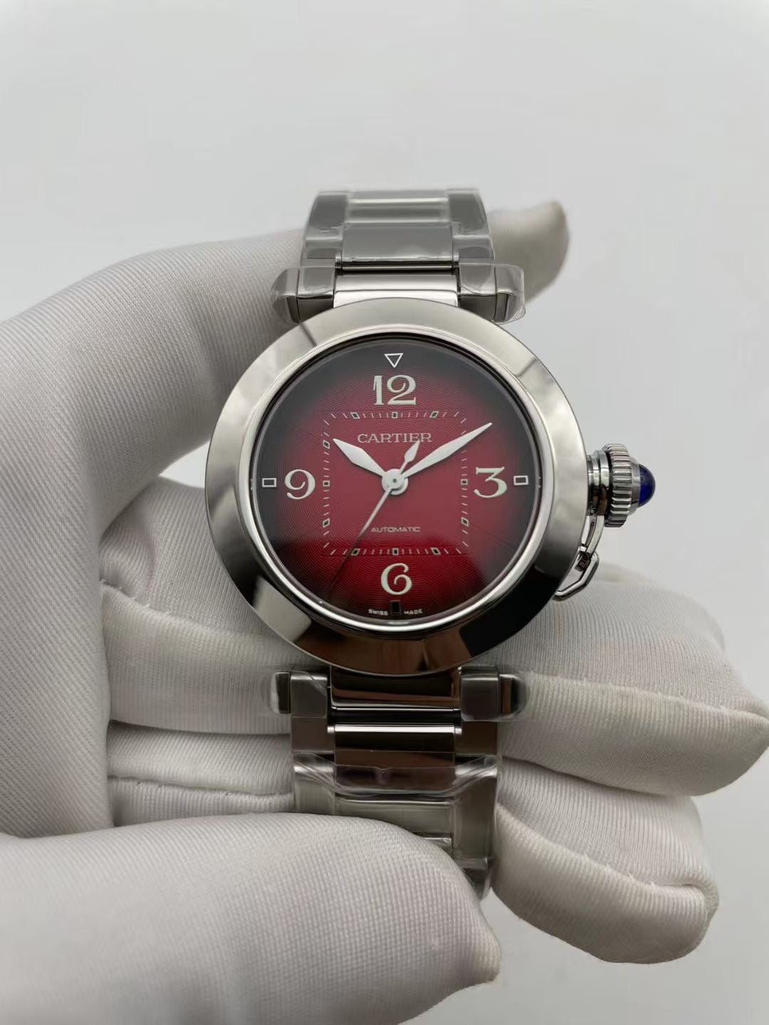 Cartier Pasha 33mm Silver Red Dial Leather