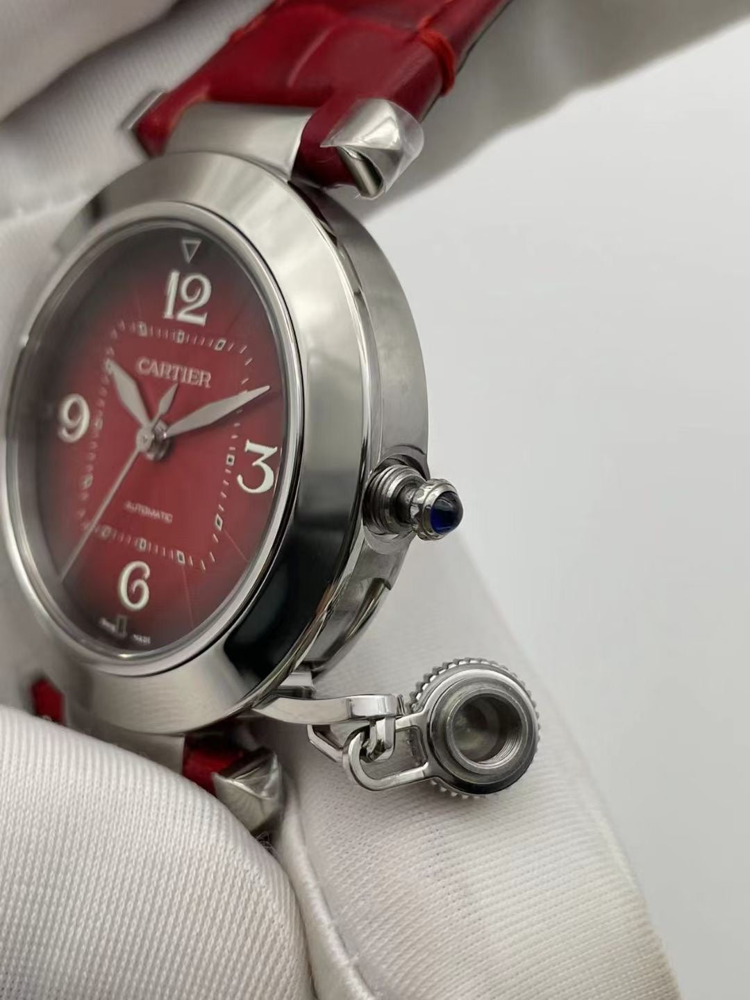 Cartier Pasha 33mm Silver Red Dial Leather