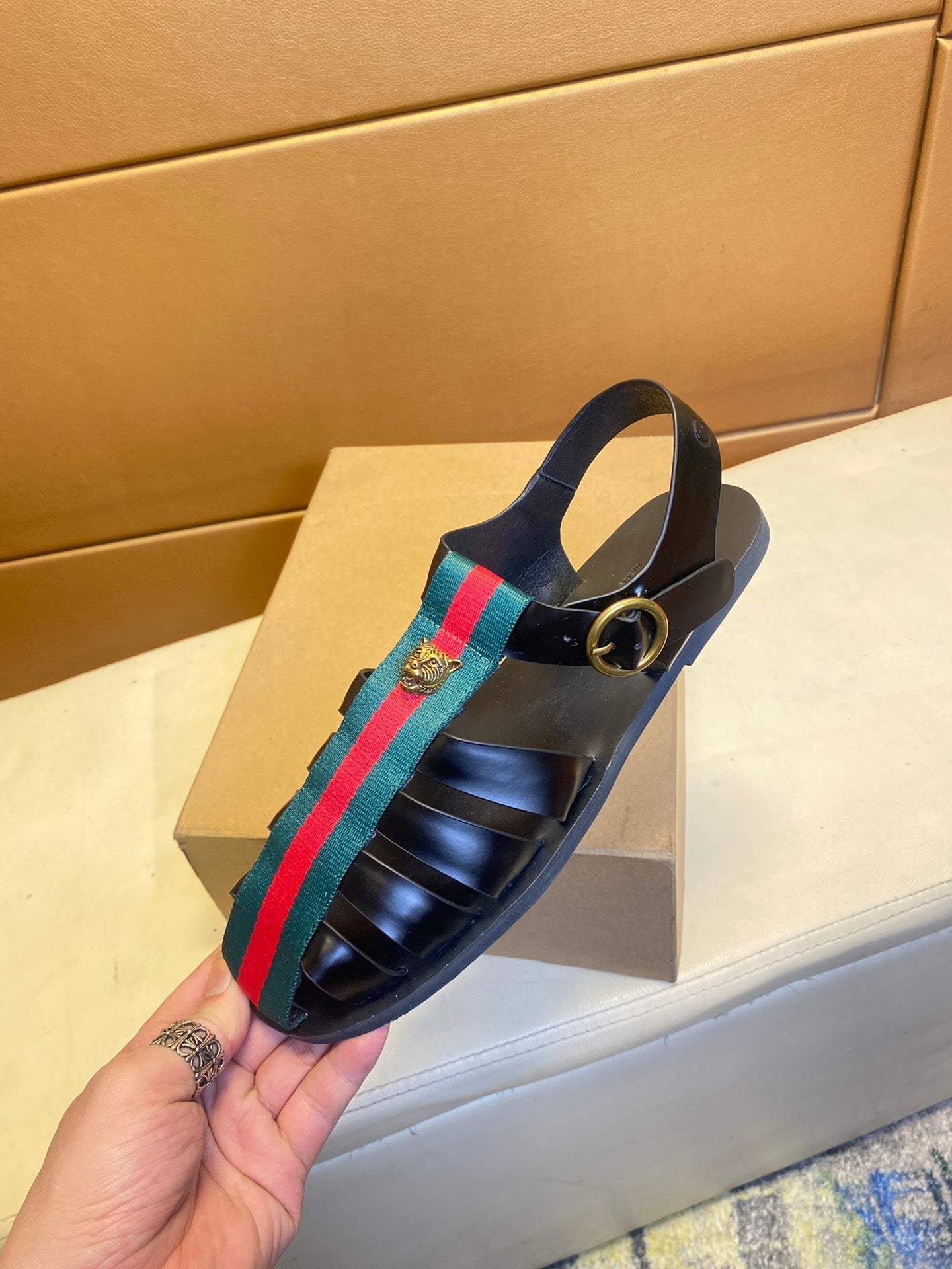 GG Men's Web Sandals Black Cowhide 743278