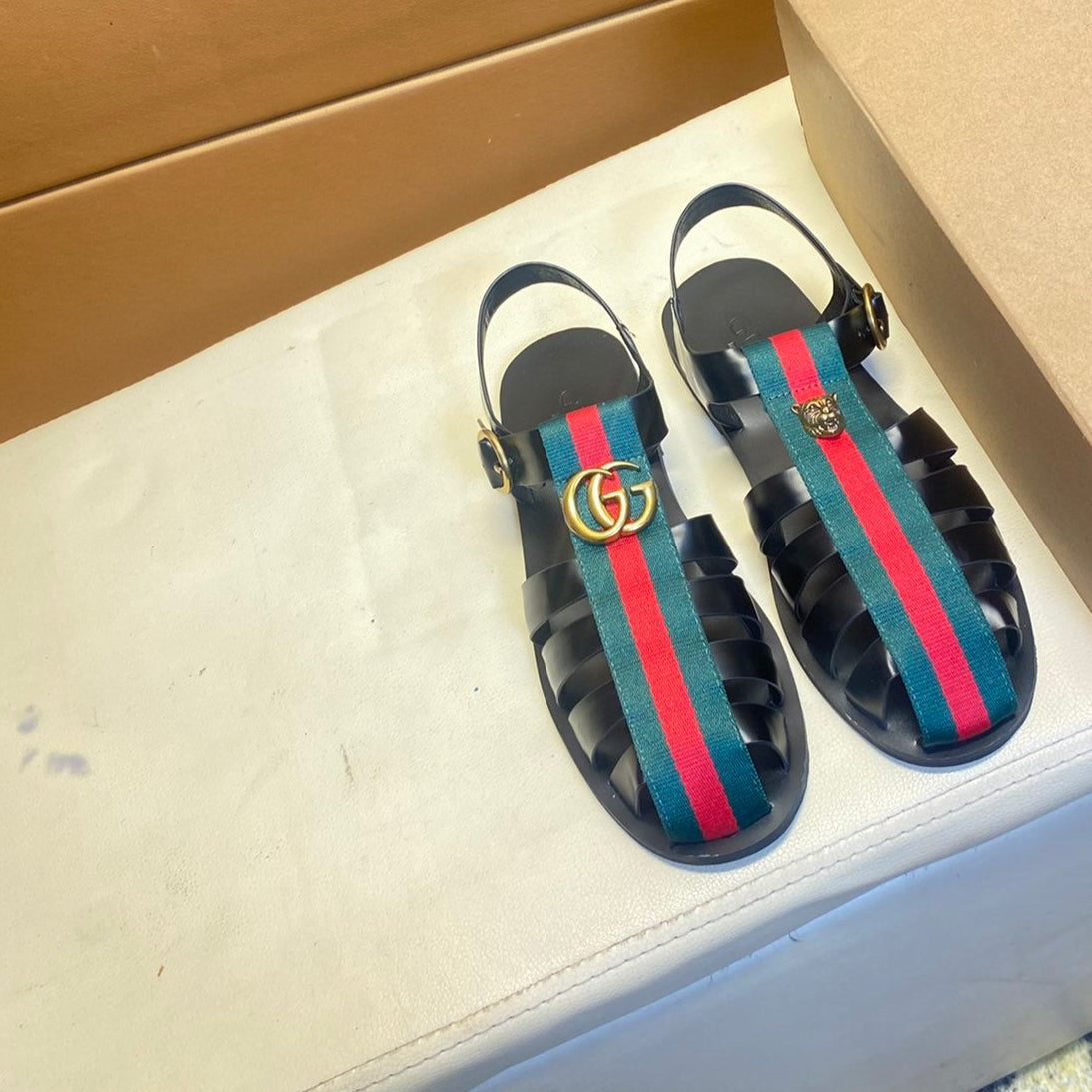 GG Men's Web Sandals Black Cowhide 743278